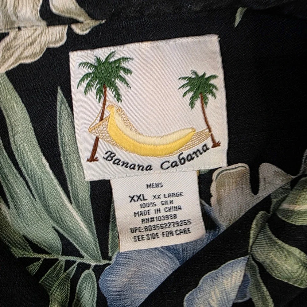 Banana‎ Cabana Hawaiian Shirt Mens XXL 100% Silk Black Floral Aloha Short Sleeve - Picture 3 of 8